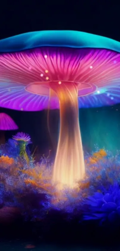 Neon glowing mushrooms with vibrant colors and mystical atmosphere.