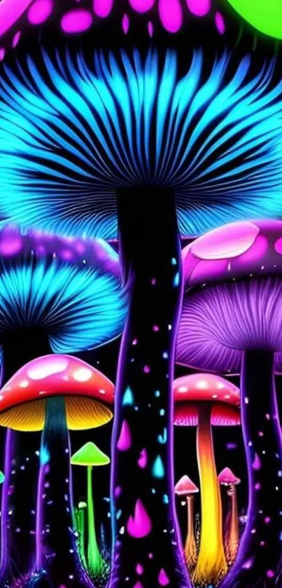 Neon mushrooms glowing in vibrant colors, creating a surreal fantasy scene.