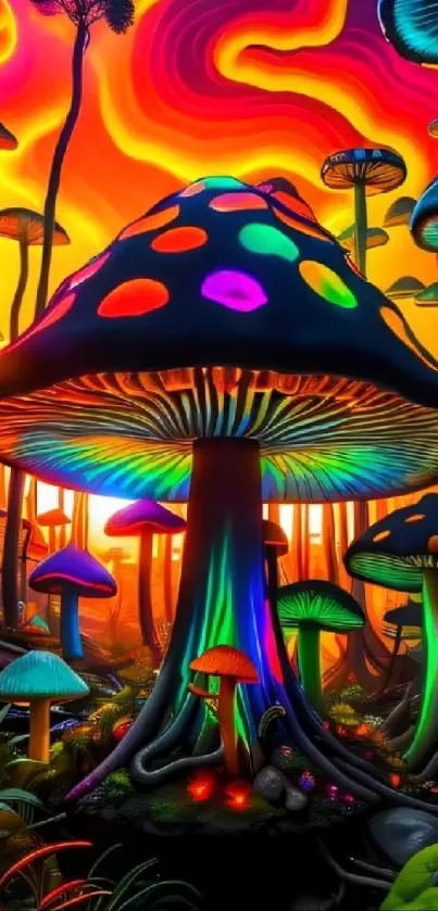 Vibrant neon mushrooms in colorful forest setting, glowing with psychedelic hues.