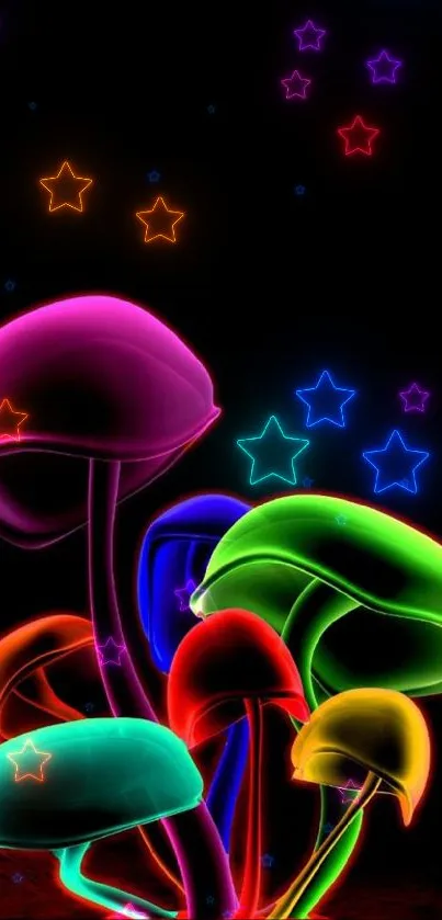 Vibrant neon mushrooms on dark background mobile wallpaper.