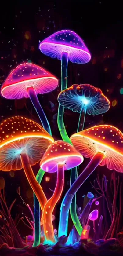 Vibrant neon mushrooms glowing with colorful psychedelic patterns.