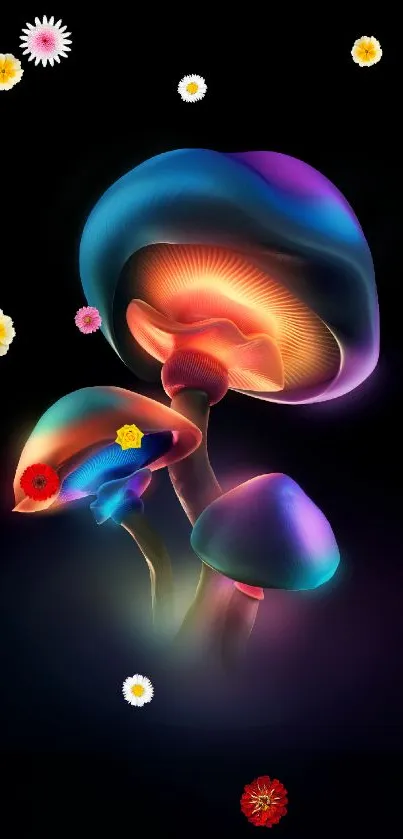 Vibrant neon mushrooms glowing in dark background, perfect for mobile wallpaper.