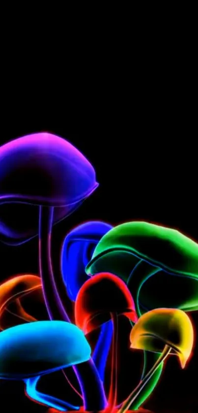 Vibrant neon mushrooms glow on a black background, perfect for a colorful screen theme.