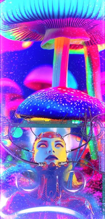 Vibrant neon mushrooms glowing in a colorful forest scene.