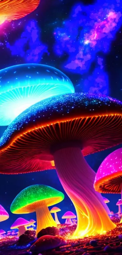 Vibrant neon mushrooms overlooking a starry galaxy sky.