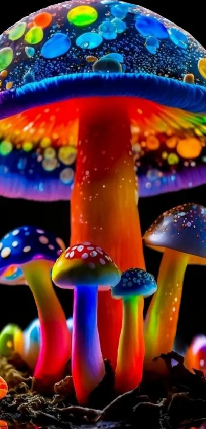 Bright neon mushrooms with vibrant colors on a dark background.