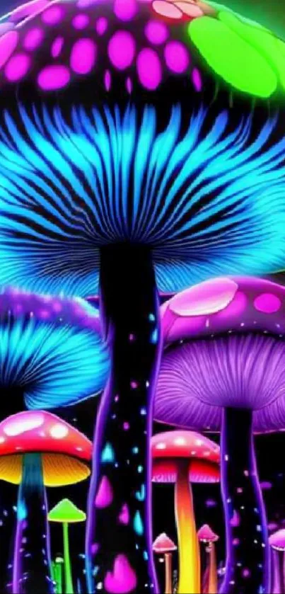 Neon mushrooms with vibrant colors in a psychedelic art style.