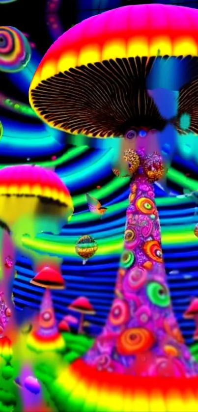 Vibrant neon mushroom wallpaper with psychedelic colors.