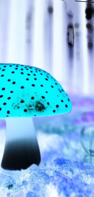 Neon cyan mushroom with forest background