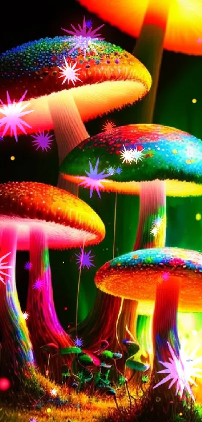 Vibrant neon mushrooms glowing in vivid colors with a black background.