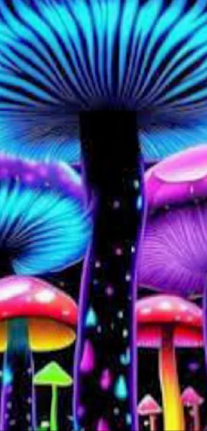 Vibrant neon colored mushrooms on a black background.