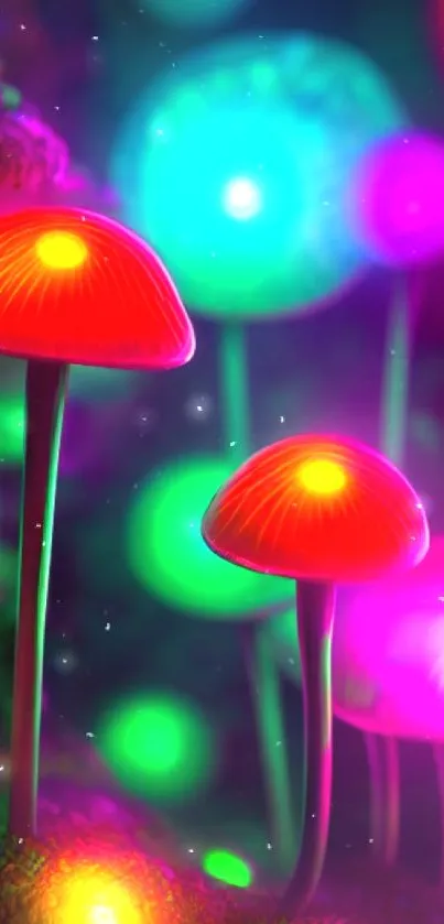 Neon mushrooms glowing in vibrant colors against a dark background.