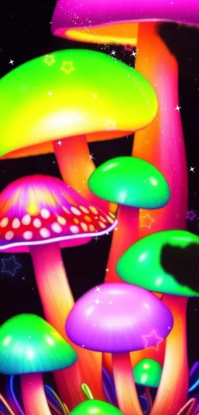 Neon mushrooms with vibrant colors glowing in a dark magical background.