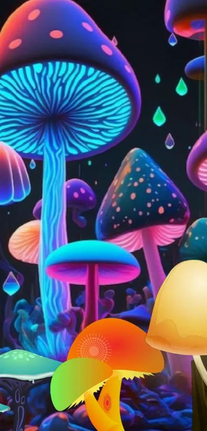 Colorful neon mushroom forest wallpaper with glowing fungi.