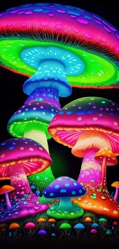 Vibrant neon mushrooms glowing in the dark with colorful designs.