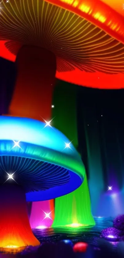 Vibrant neon mushroom wallpaper with glowing colors and fantasy elements.