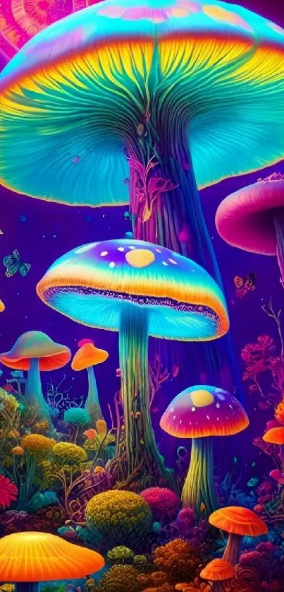 Vibrant neon mushroom scene with glowing colors.