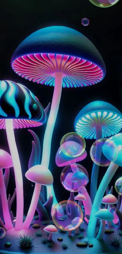 Vibrant neon mushrooms glowing on a dark background, perfect for fantasy lovers.