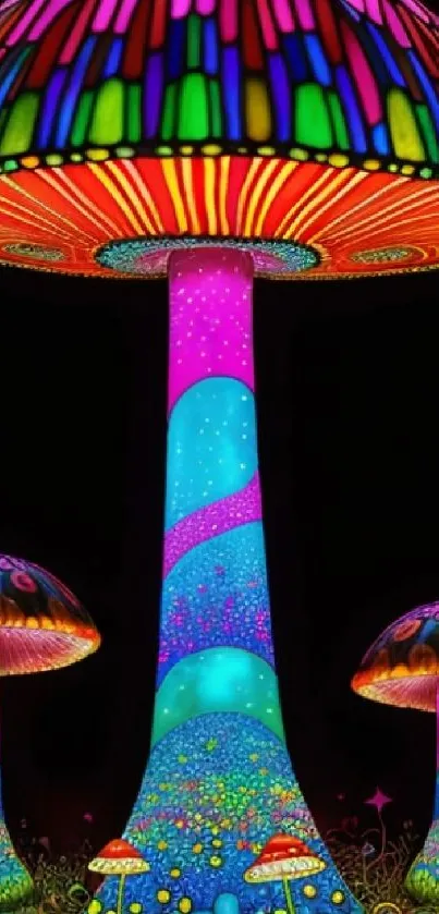 Bright neon mushrooms create a magical, psychedelic art wallpaper.