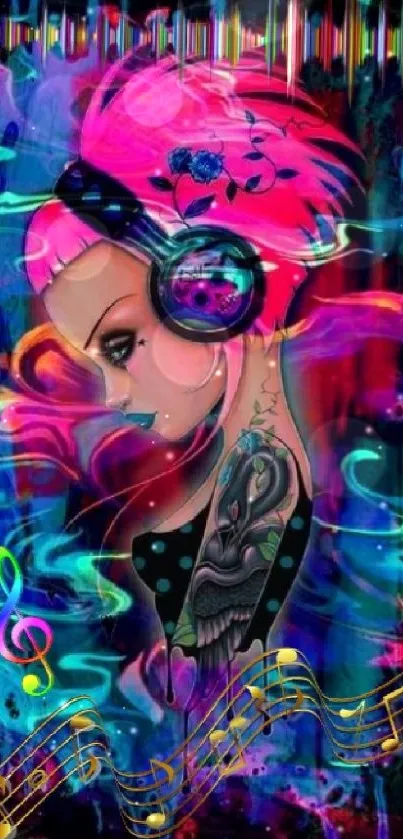 Vibrant neon artwork of a girl with headphones, exuding musical energy.