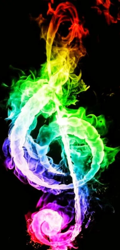 Colorful neon music note with smoke effect on black background.