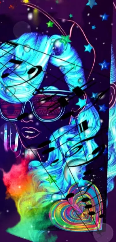 Vibrant neon portrait with musical notes and colorful design.