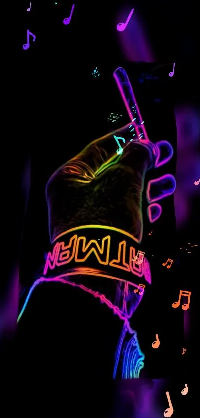 Vibrant neon wallpaper with colorful music notes and glowing design.