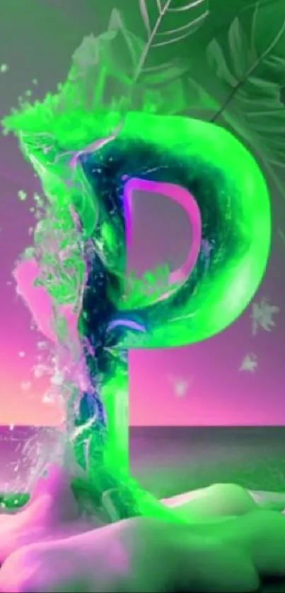 Neon green letter P with leaves in vibrant art design.