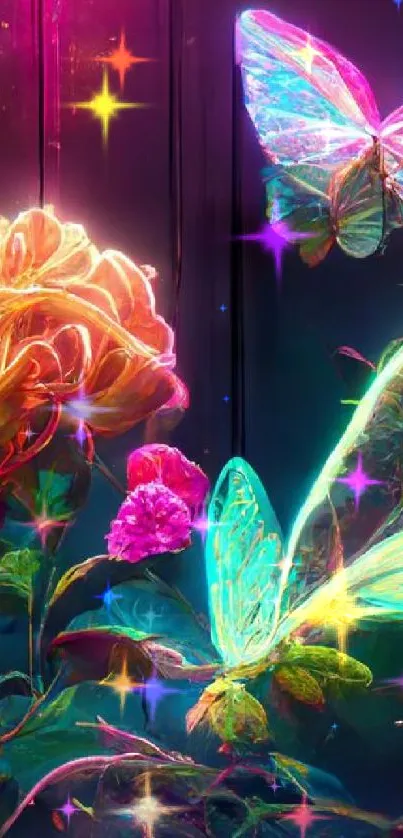 Neon flowers and butterflies glowing in vibrant colors on a dark background.