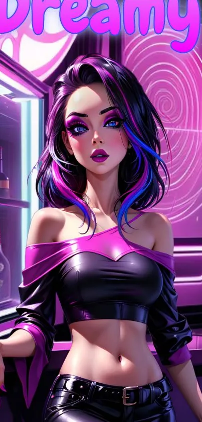 Vibrant neon wallpaper of an animated woman with purple highlights.