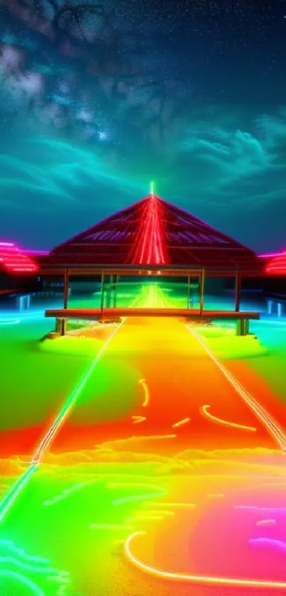 Vibrant neon nightscape with glowing paths and colorful futuristic elements.