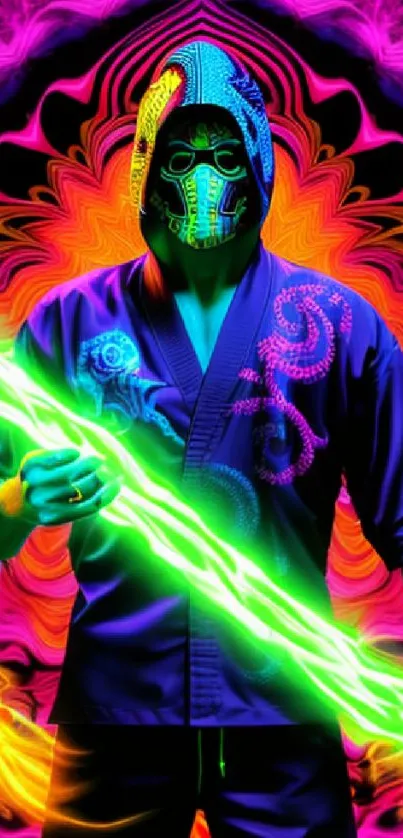 Futuristic neon ninja with glowing swords and vibrant colors.