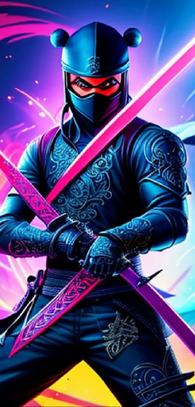 Neon ninja in vibrant action scene, dual-wielding glowing swords.