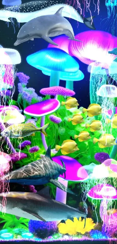 Vibrant digital art of neon ocean creatures and colorful marine life.