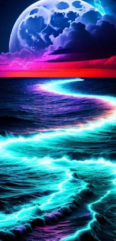 Vibrant neon-lit ocean under a mystical moon.