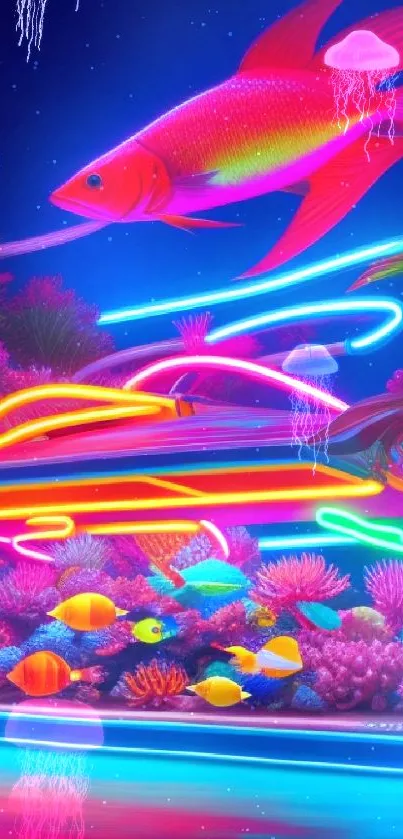 Vibrant neon ocean wallpaper with futuristic fish and colorful corals.