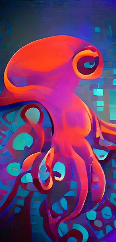 Colorful neon octopus in abstract mobile wallpaper on dark background.