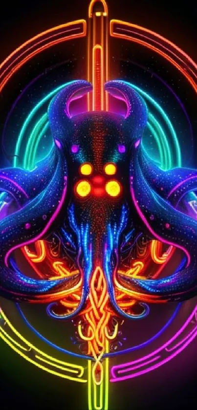 Colorful neon octopus design with vibrant patterns and futuristic style.