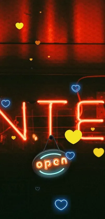 Vibrant neon open sign with colorful hearts.