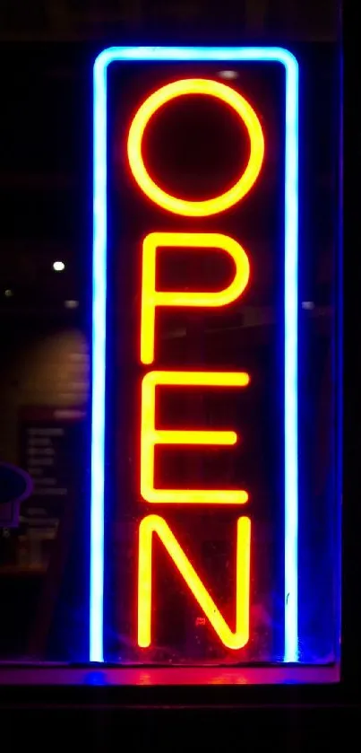 Bright neon open sign glowing on a black background, perfect for wallpapers.