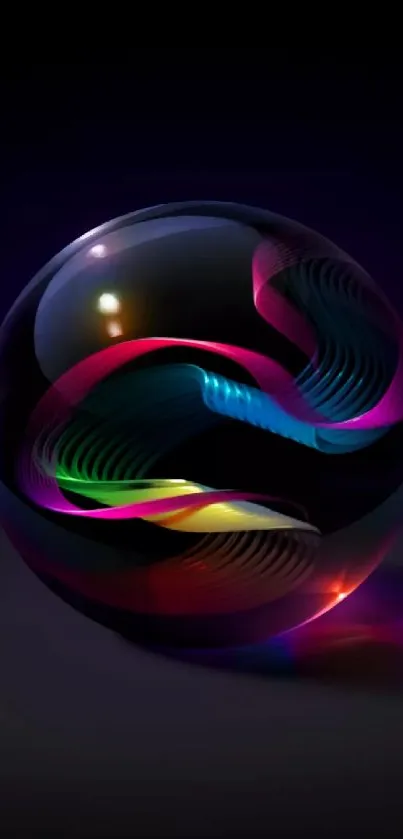 Vibrant neon orb with colorful swirls on dark background.