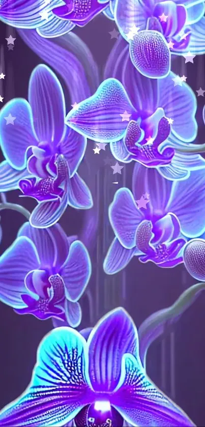 Neon purple orchids with starry accents, glowing vibrantly.