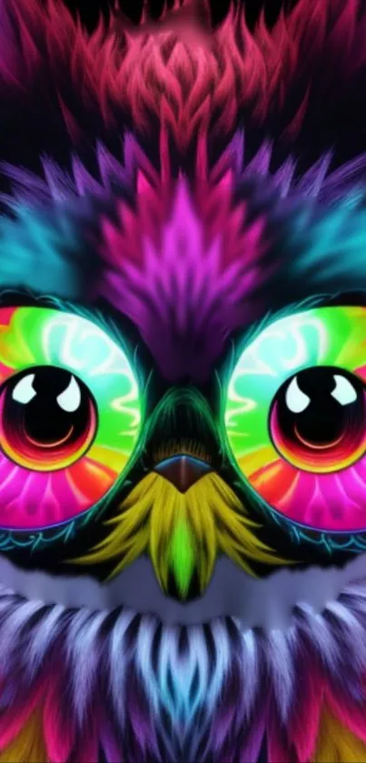 Vibrant neon owl with colorful feathers and large, expressive eyes.