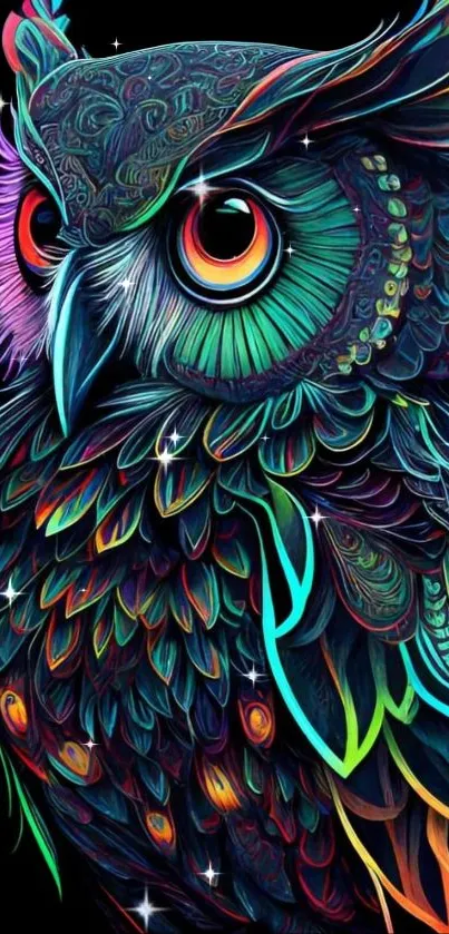 Vibrant neon owl artwork with intricate colorful patterns.