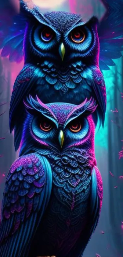 Neon blue and purple owls in a mystical forest setting.