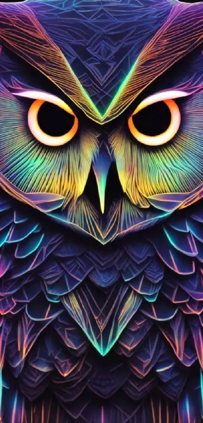 Vibrant neon owl art wallpaper with multicolored feathers and dark background.