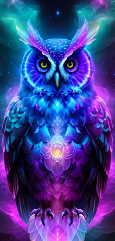 Vibrant neon owl with purple hues on cosmic-themed mobile wallpaper.