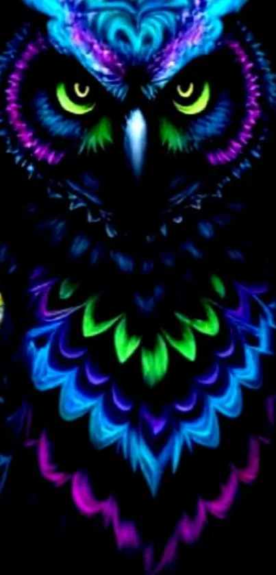Vibrant and colorful owl art wallpaper with a neon glow.