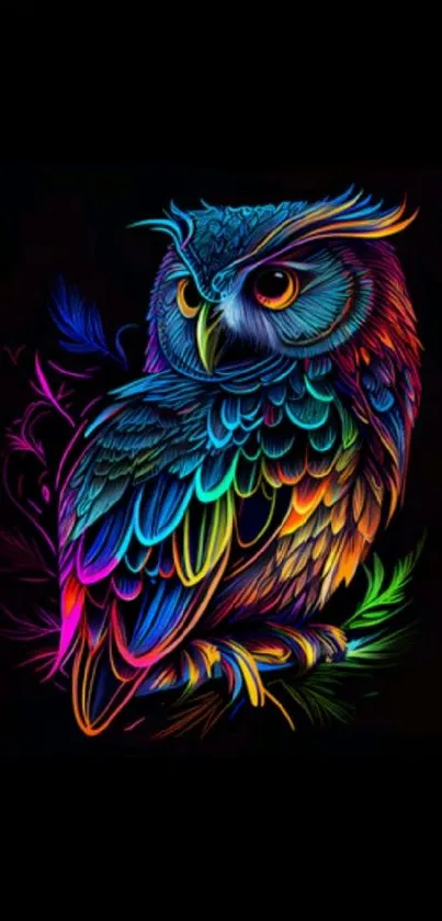 Colorful neon owl illustration on a black background.