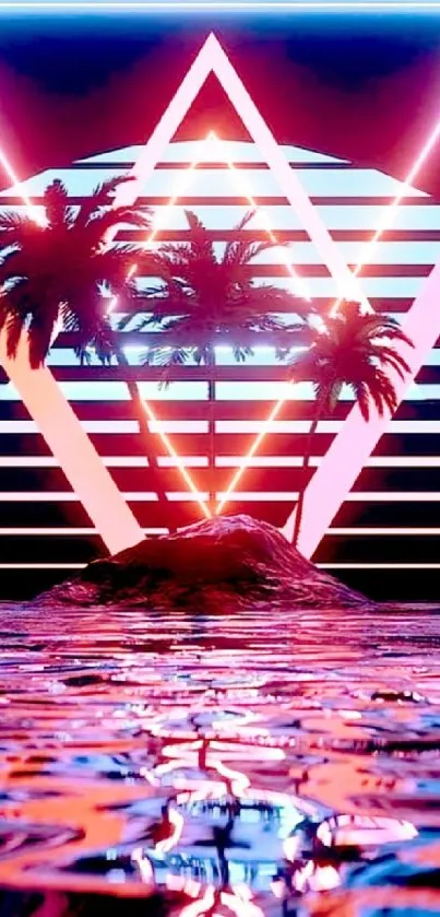 Neon tropical island with palm trees and geometric patterns reflecting on water.